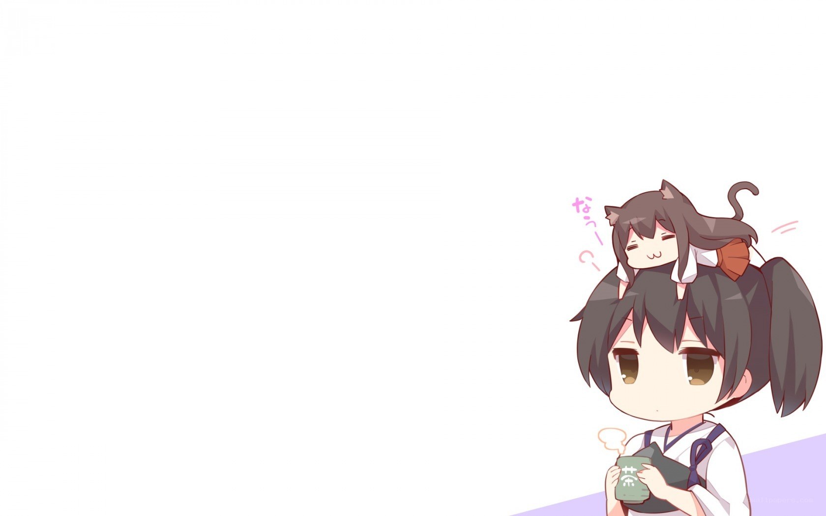 chibi girl with cat on head