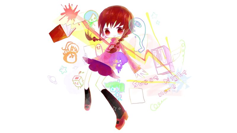 chibi girl with floating objects