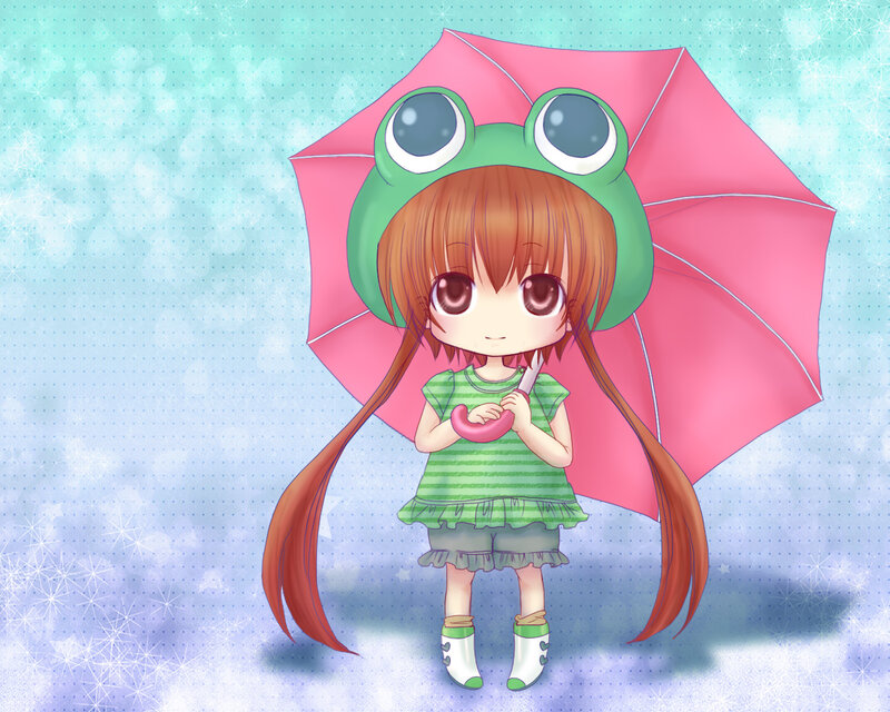 Chibi Girl with Frog Umbrella