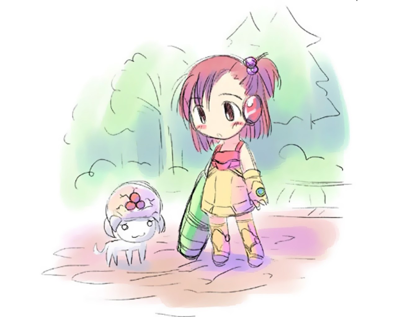 Chibi girl with pet in forest