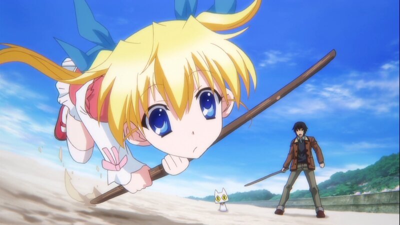 chibi girl with staff on beach