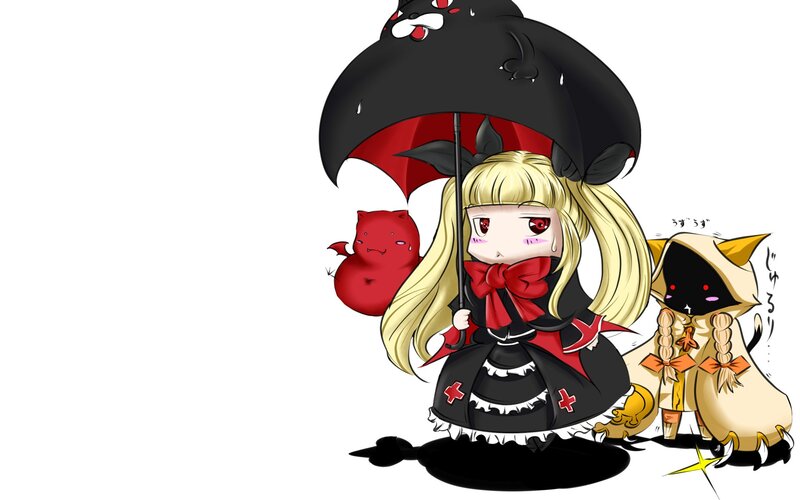 chibi girl with umbrella and pets