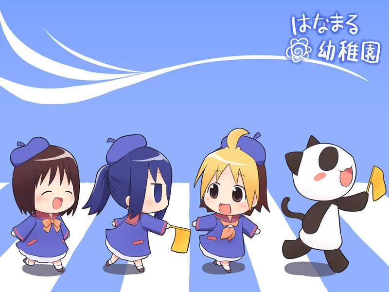 Chibi girls and panda at kindergarten