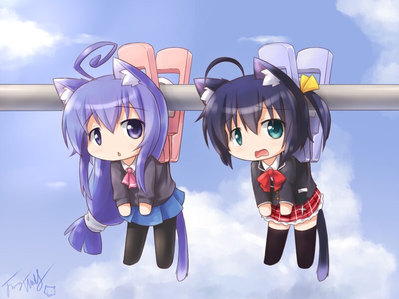 chibi girls hanging from a pole