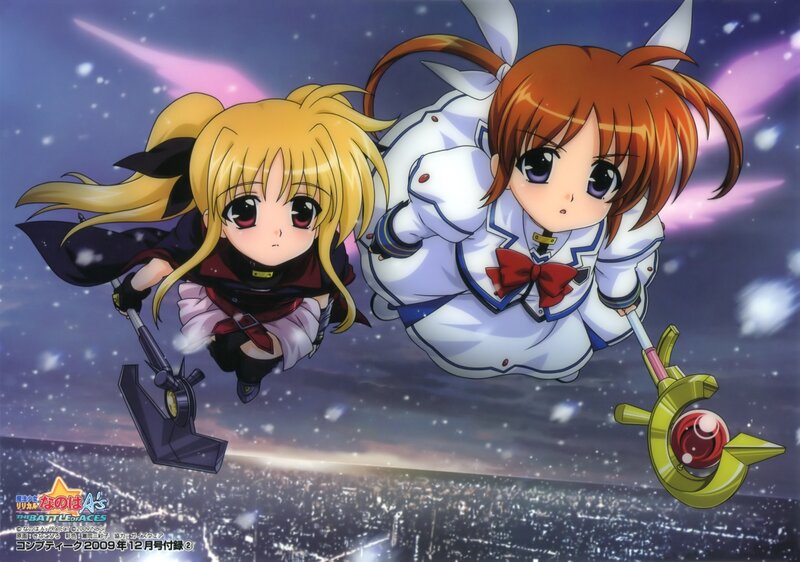 Chibi girls in flight over a city