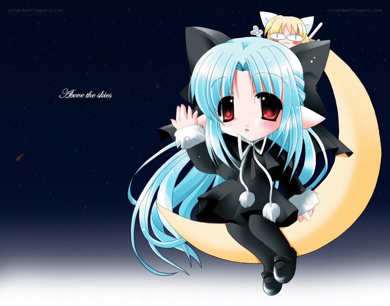 chibi girls on a crescent moon