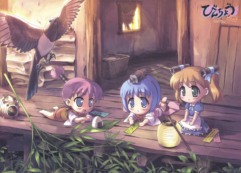 Chibi girls with bird on porch