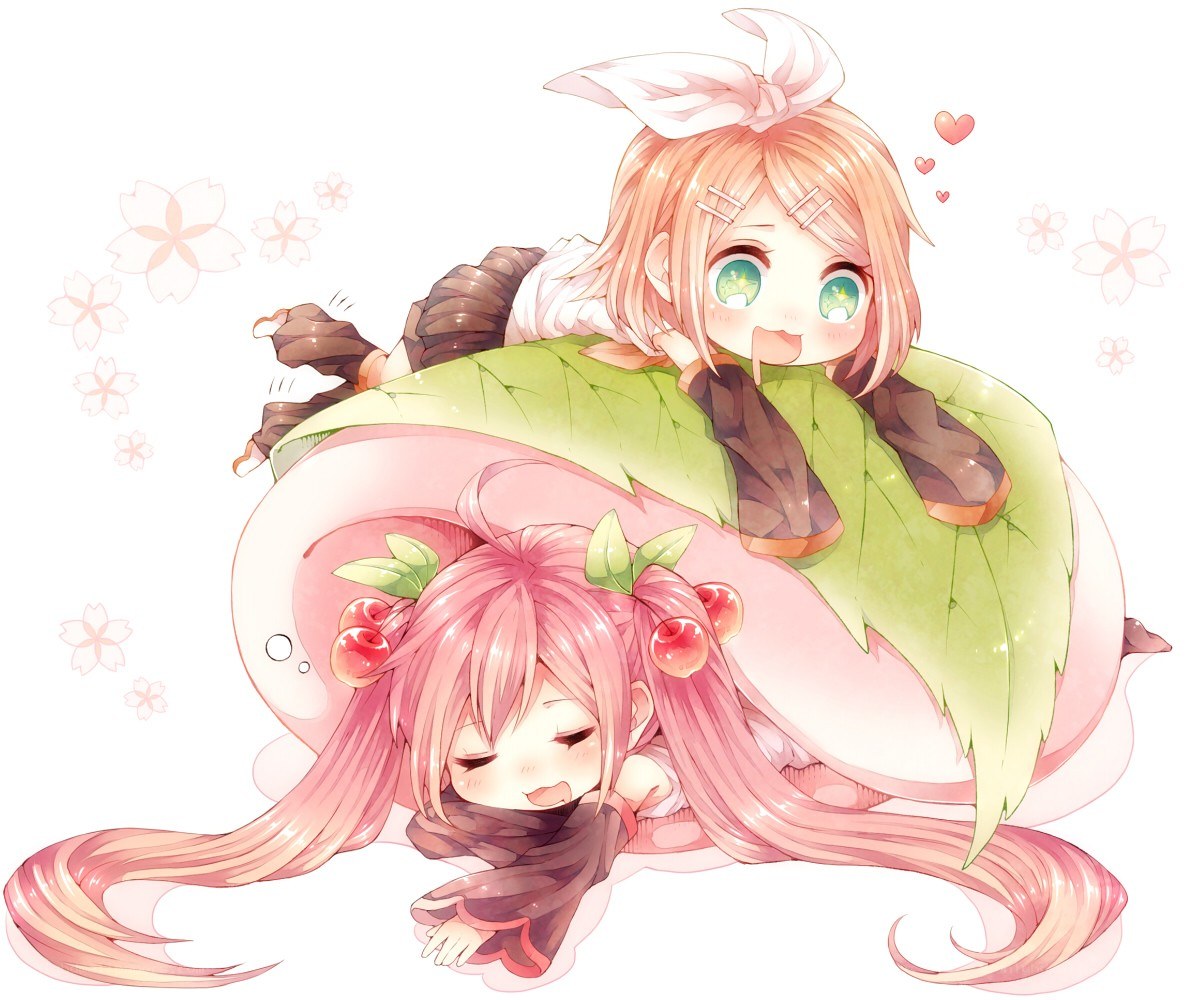 Chibi girls with cherry and leaf