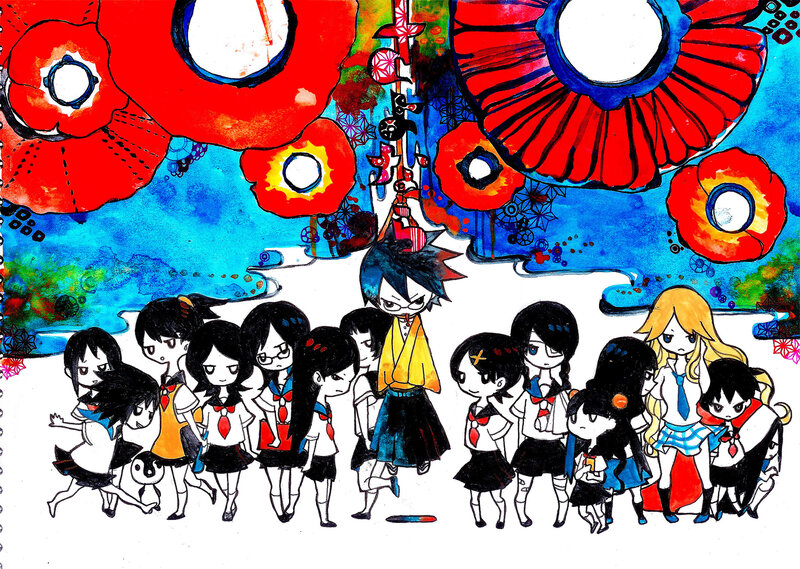 Chibi girls with red flowers