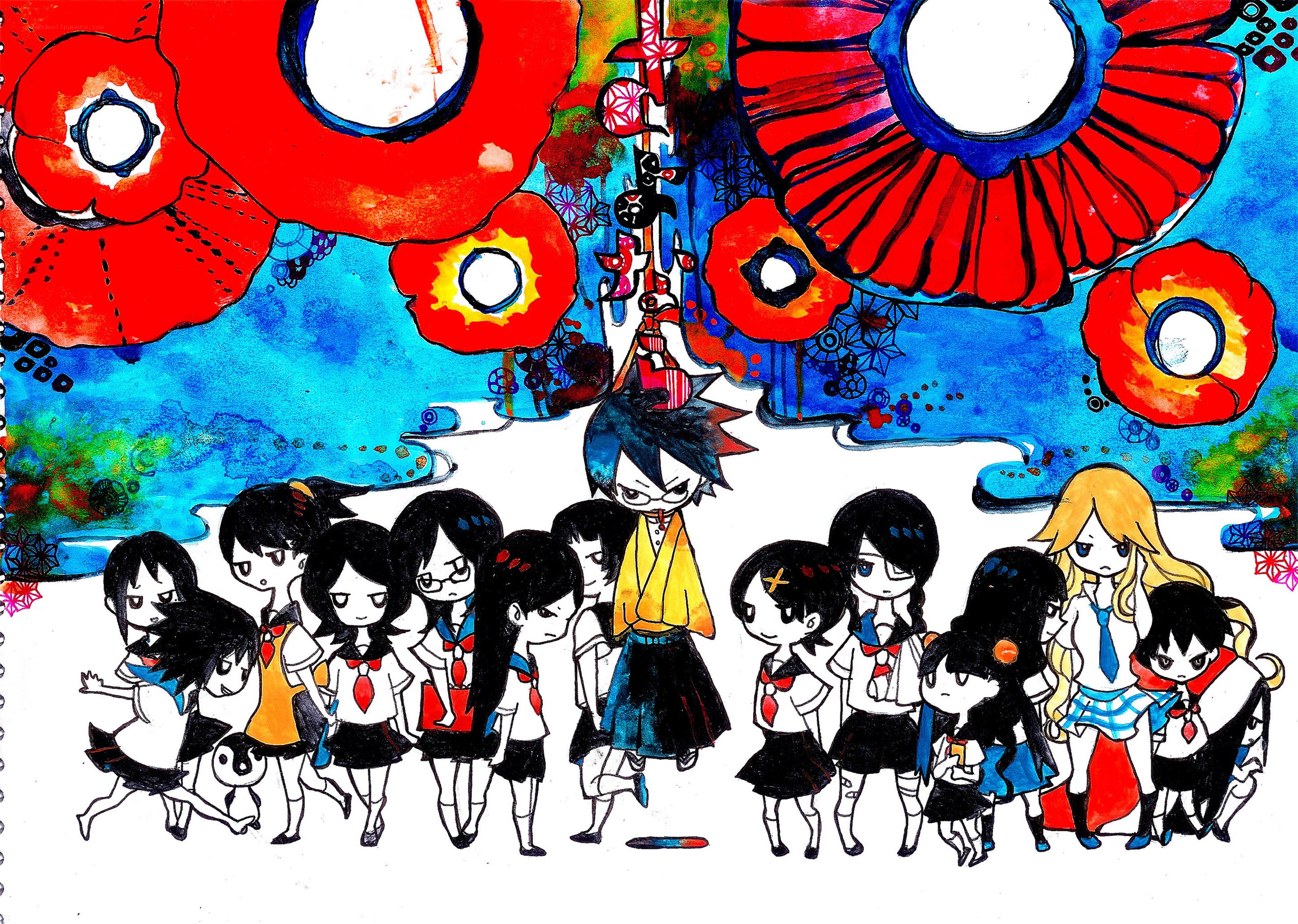 Chibi girls with red flowers