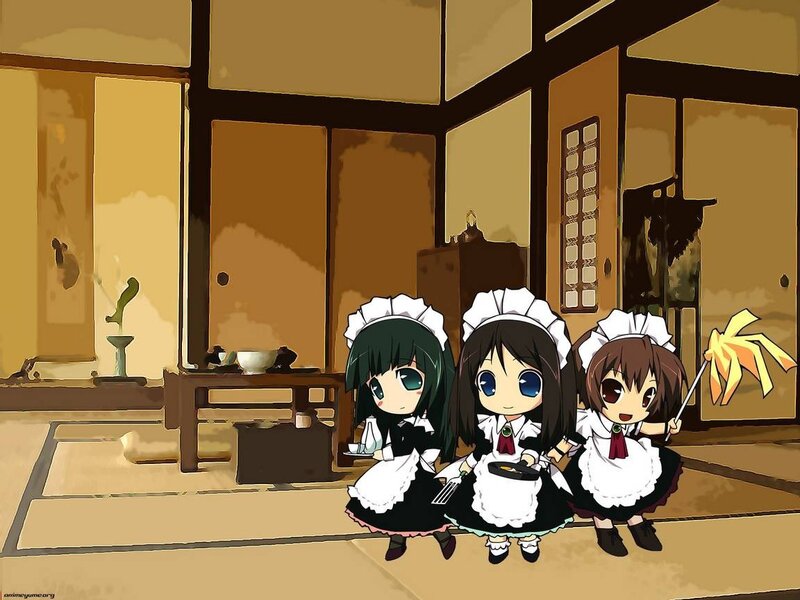 Chibi maids in a traditional room