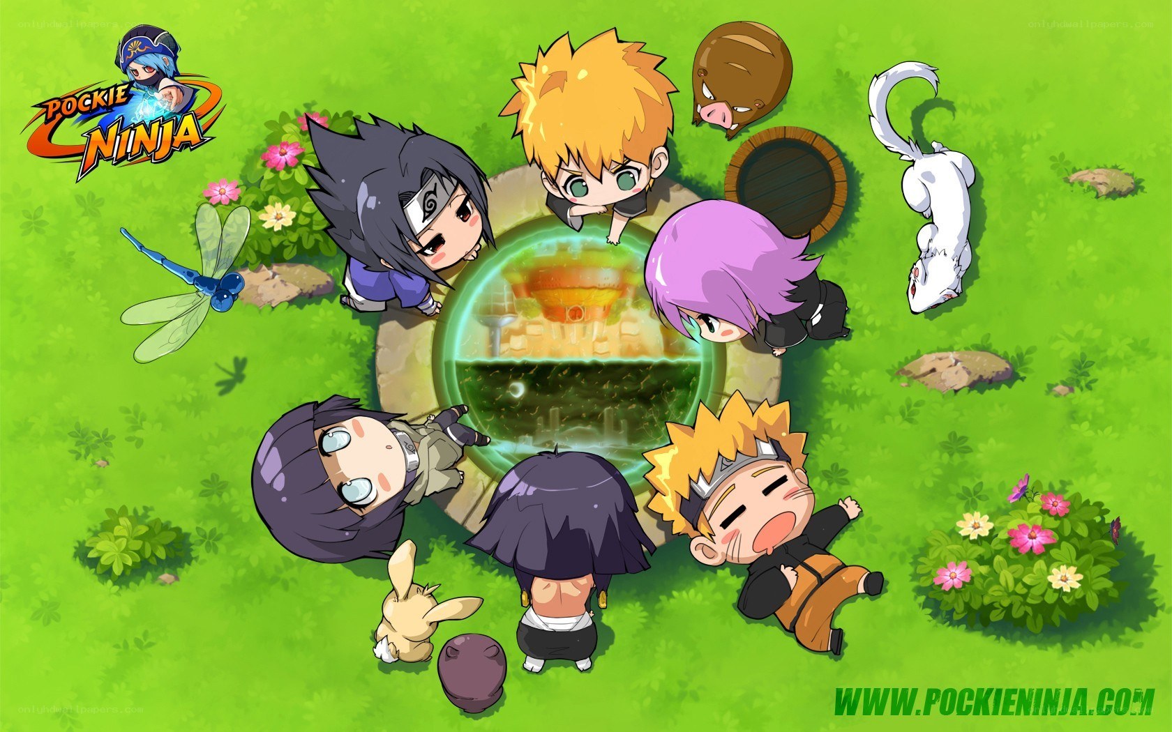 Chibi ninja characters in a field