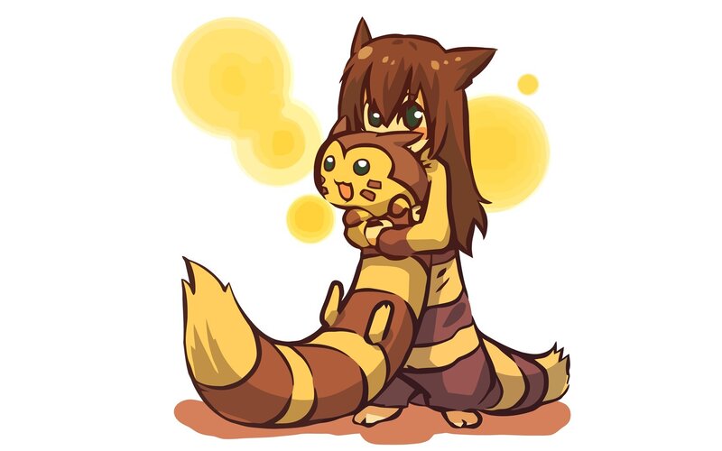 chibi raccoon hugging a pokémon
