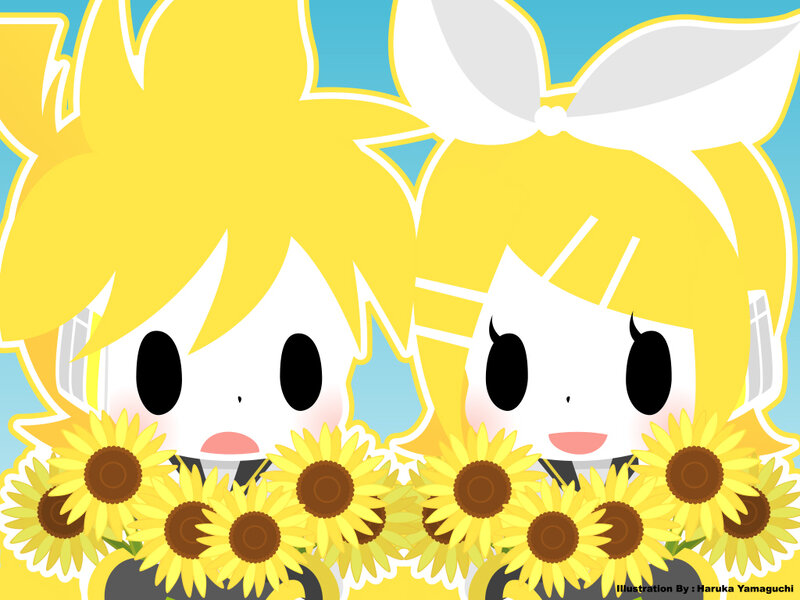 Chibi Rin and Len with sunflowers