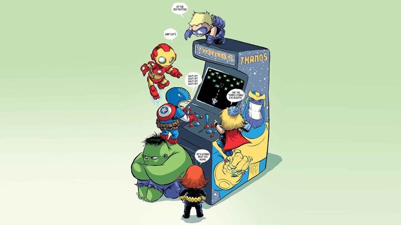 Chibi Superheroes Playing Arcade
