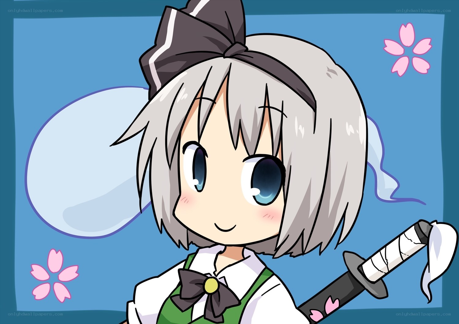 chibi swordswoman with cherry blossoms