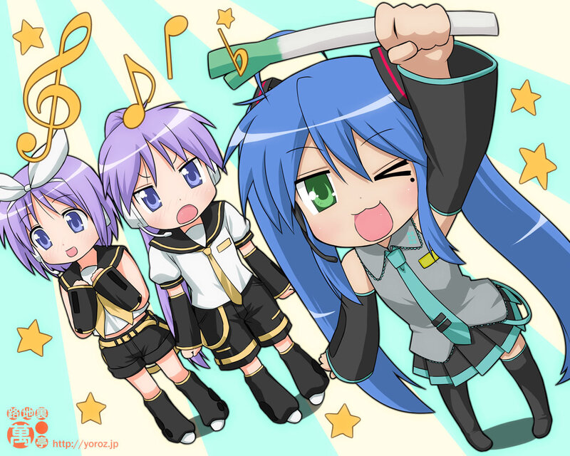 Chibi Vocaloid characters dancing