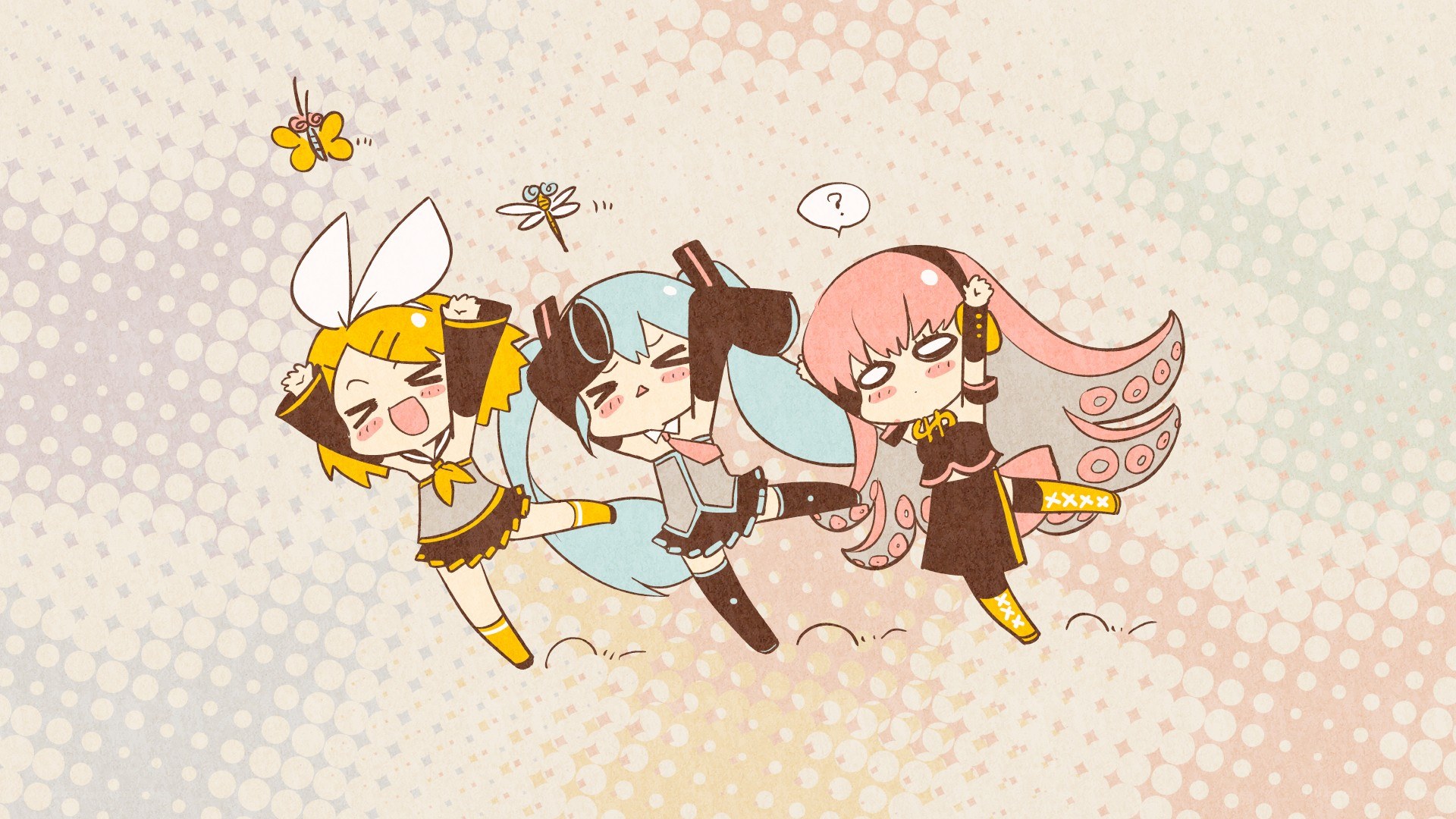 Chibi Vocaloid characters in flight