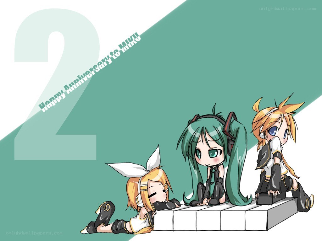 Chibi Vocaloid characters on piano
