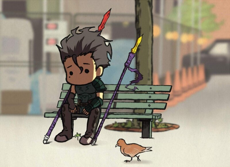 Chibi warrior on a bench