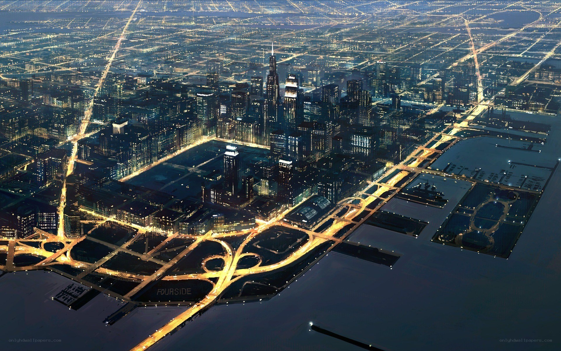 Chicago at night aerial view