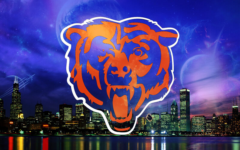 Chicago Bears logo over city skyline