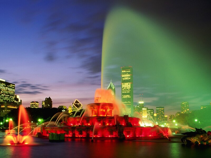 Chicago Fountain at Night — Red, Dramatic, Photograph, Skyscraper