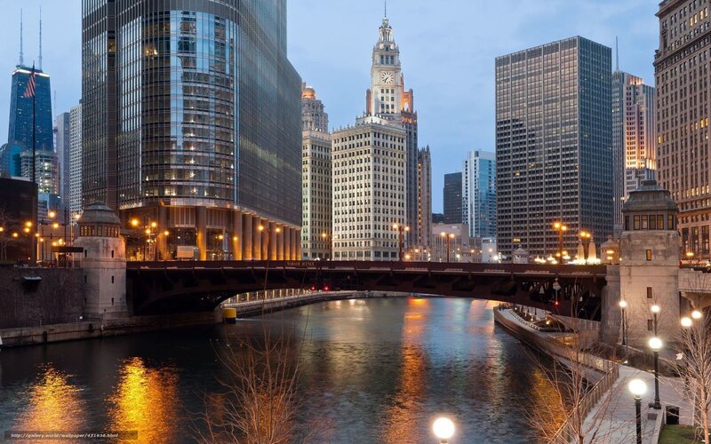Chicago River at Dusk — Blue, Calm, Night, Photograph, Skyscrapers