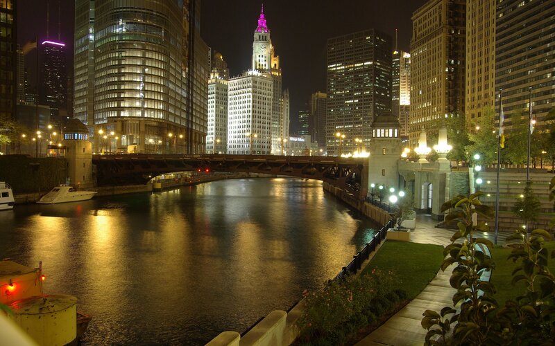 Chicago River at Night — Black, Calm, Photograph