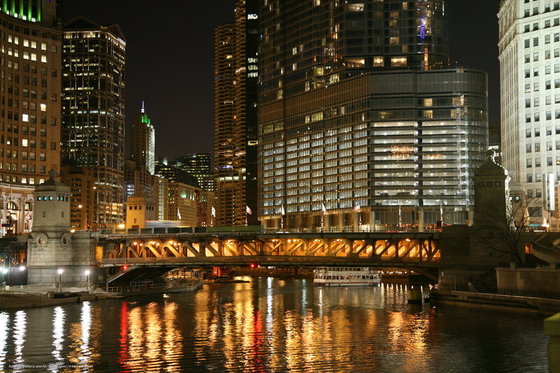 Chicago River at Night — Black, Dramatic, Photograph, Bridge