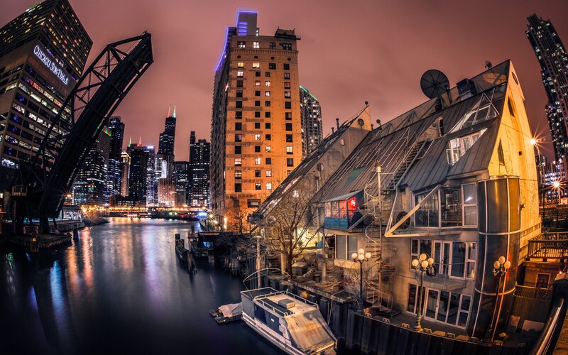 Chicago River at Night — Black, Dramatic, Photograph, Skyscraper
