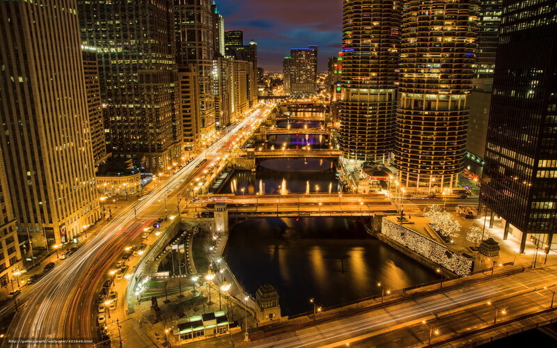 Chicago River at Night — Black, Dramatic, Photograph, Skyscrapers, Bridges