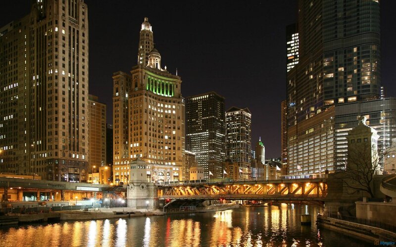 Chicago River at Night — Black, Dramatic, Photograph