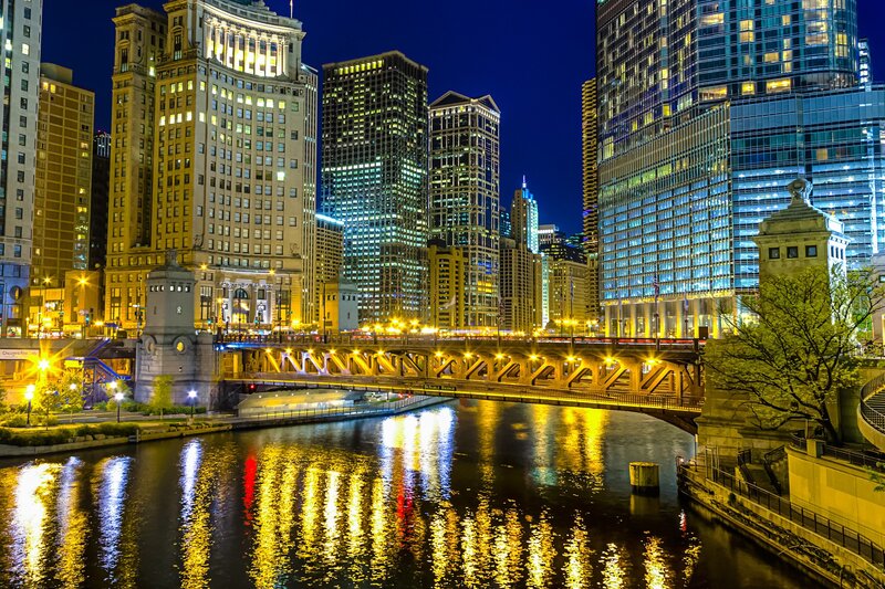 Chicago River at Night — Blue, Dramatic, Photograph, Skyscrapers