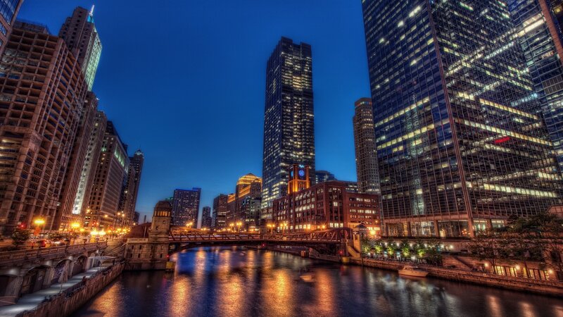 Chicago River at Night — Blue, Dramatic, Photograph