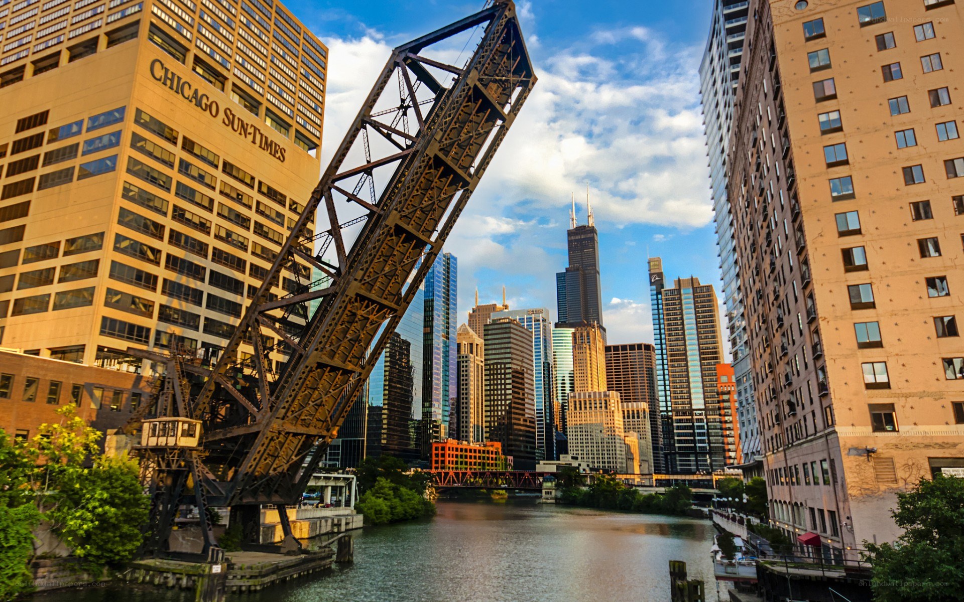 Chicago river bridge and skyline