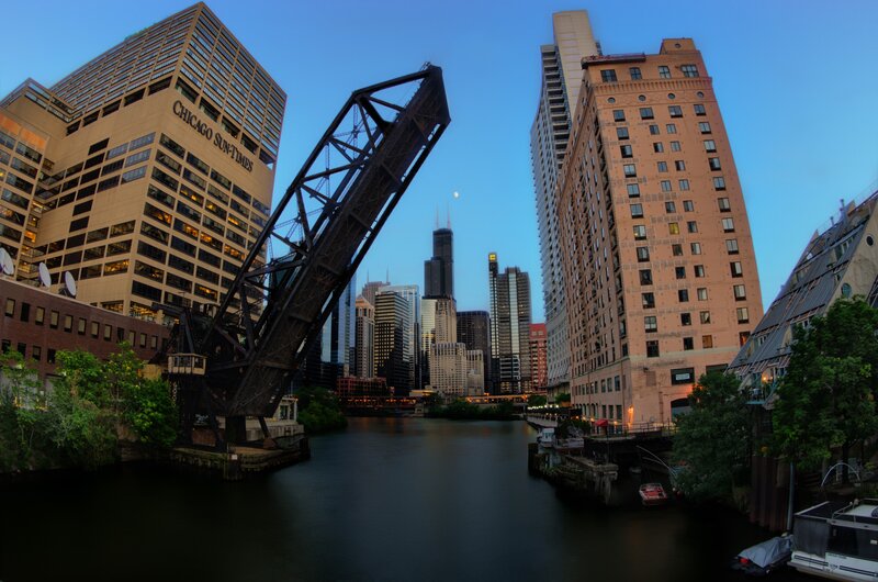Chicago river bridge at dusk