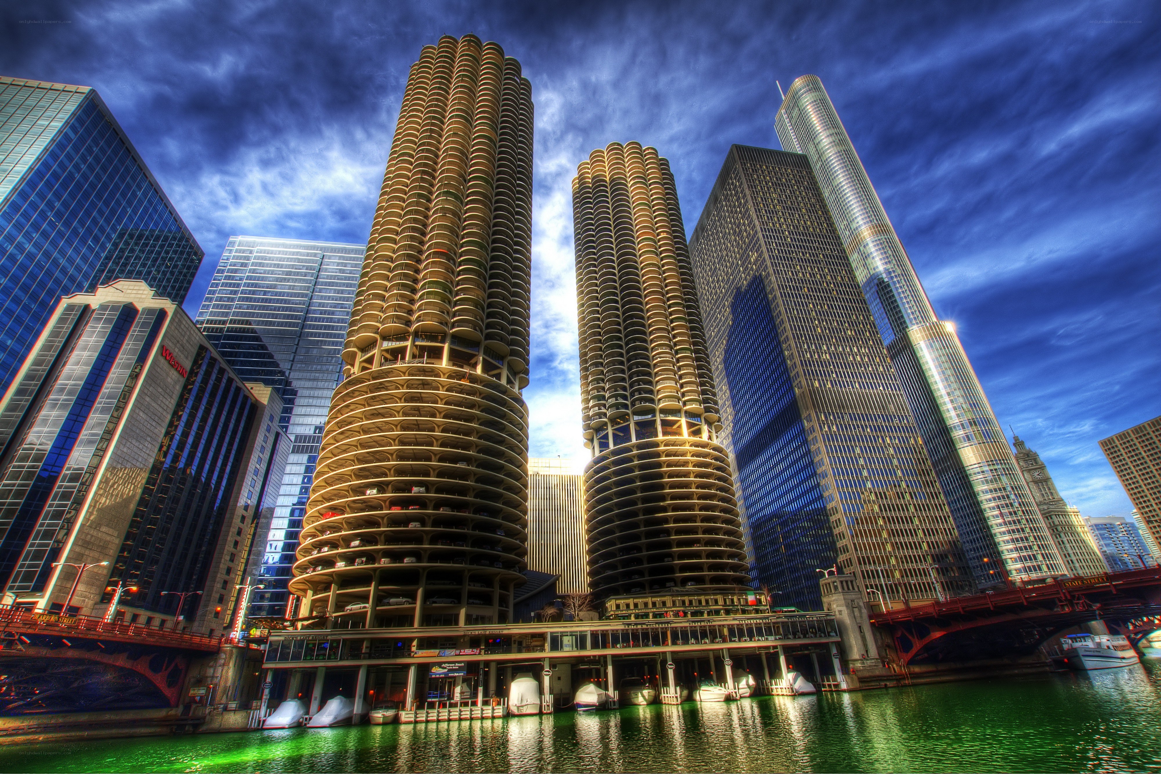 Chicago river skyline at dusk