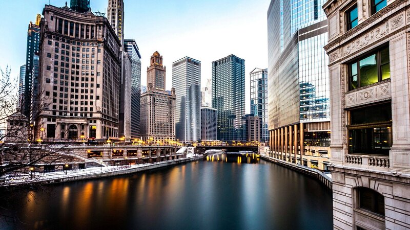 Chicago River Skyline — Blue, Calm, Winter