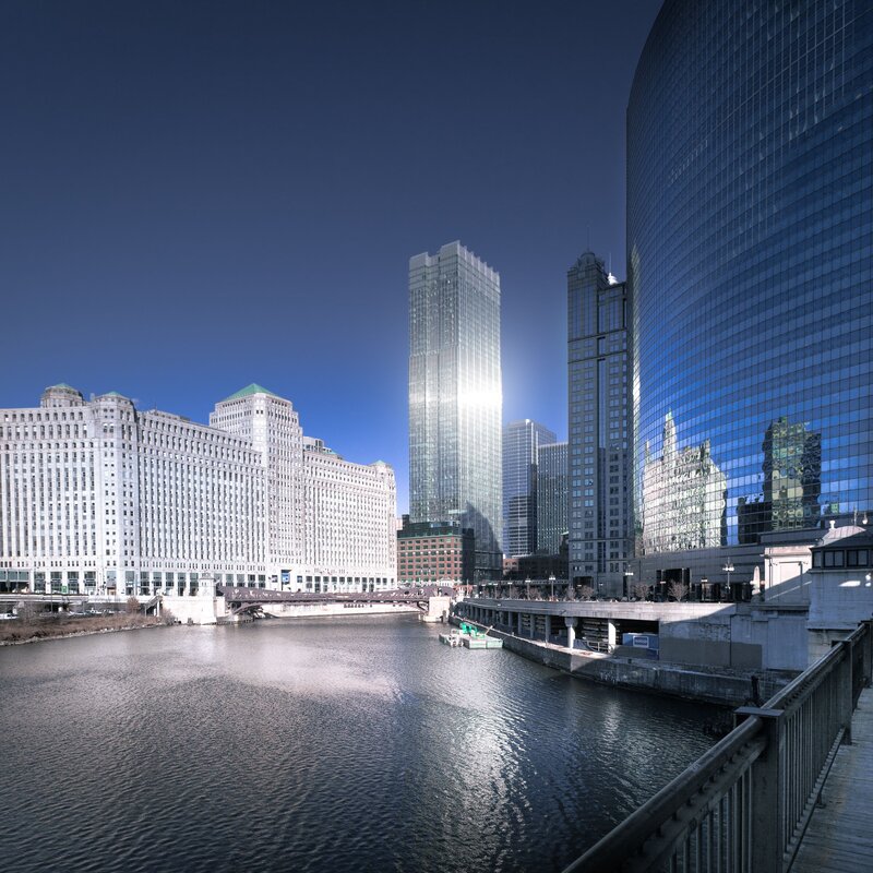 Chicago River Skyline — Blue, Dramatic, Afternoon