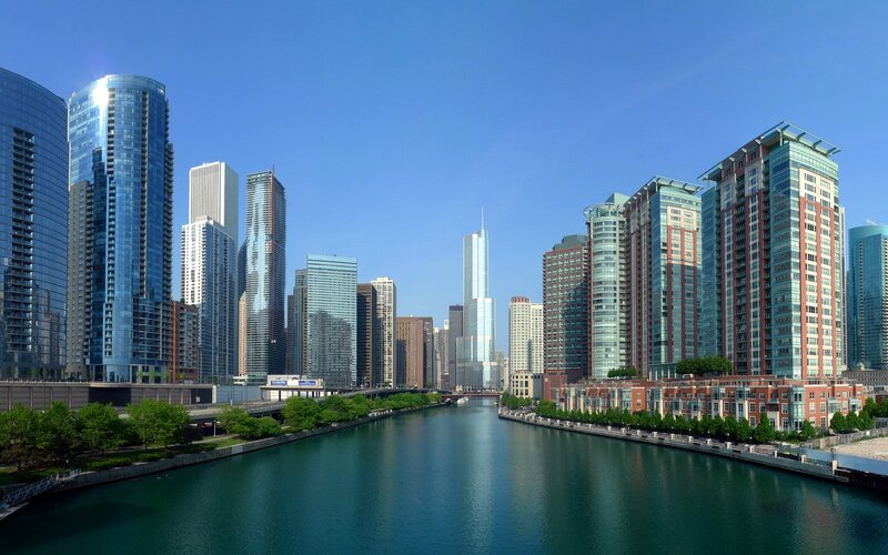 Chicago River Skyline — Blue, Serene, Afternoon, Photograph, Skyscrapers, Trees, Bridge