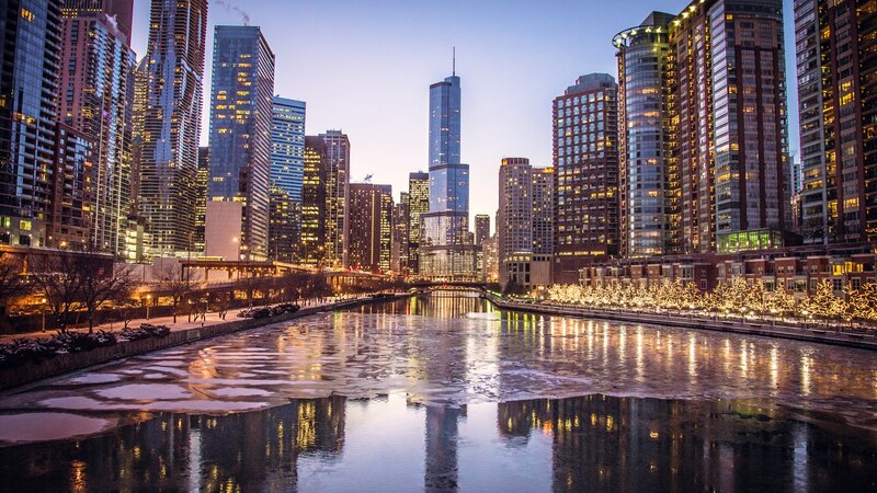 Chicago River Skyline — Blue, Serene, Night