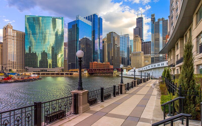 Chicago River Skyline — Blue, Urban, Afternoon, Photograph, Skyscrapers