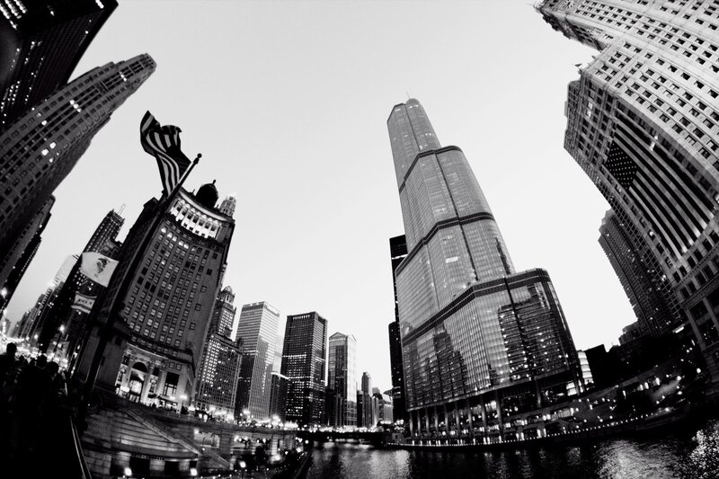 Chicago Skyline at Dusk — Black, Dramatic