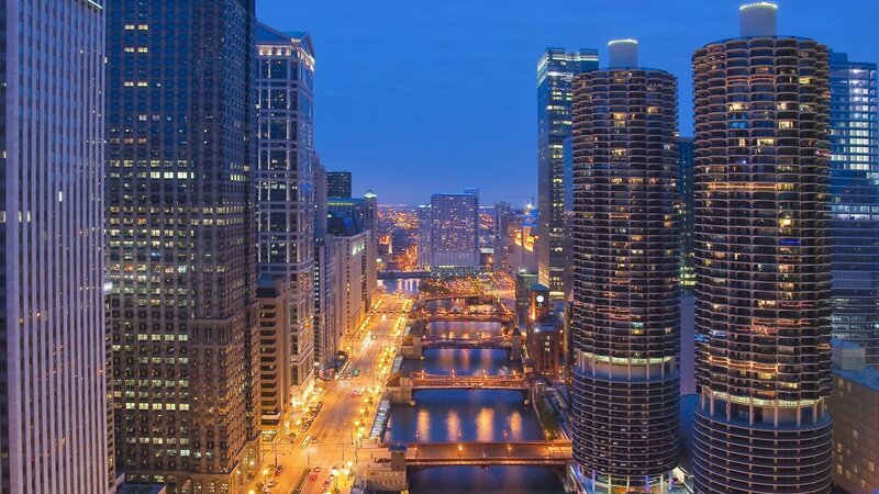 Chicago Skyline at Dusk — Blue, Calm, Night, Photograph, Skyscrapers, River