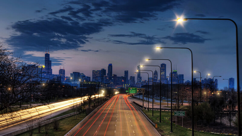 Chicago Skyline at Dusk — Blue, Dramatic, Night, Photograph, Highway
