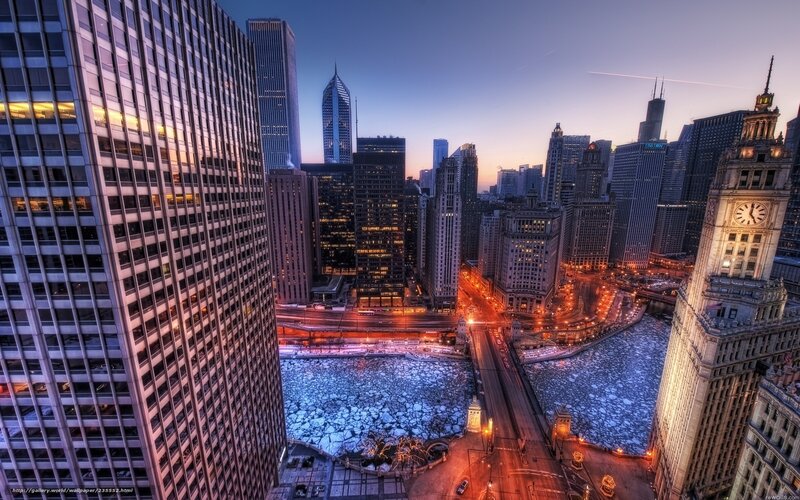 Chicago Skyline at Dusk — Blue, Dramatic, Night, Photograph, River, Buildings, Clock Tower