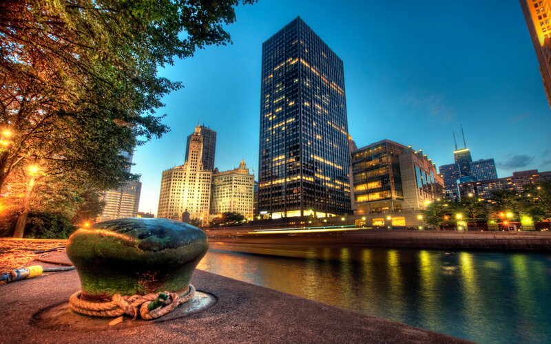 Chicago Skyline at Dusk — Blue, Dramatic, Night, Photograph, River, Buildings