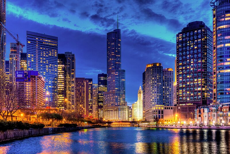 Chicago Skyline at Dusk — Blue, Dramatic, Night, Photograph, River, Skyscrapers, Bridge, Trees
