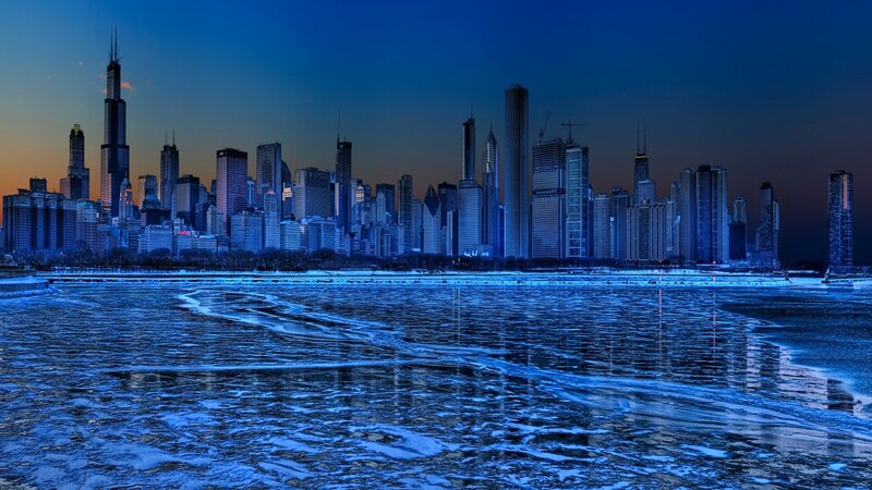 Chicago Skyline at Dusk — Blue, Dramatic, Night, Photograph, River